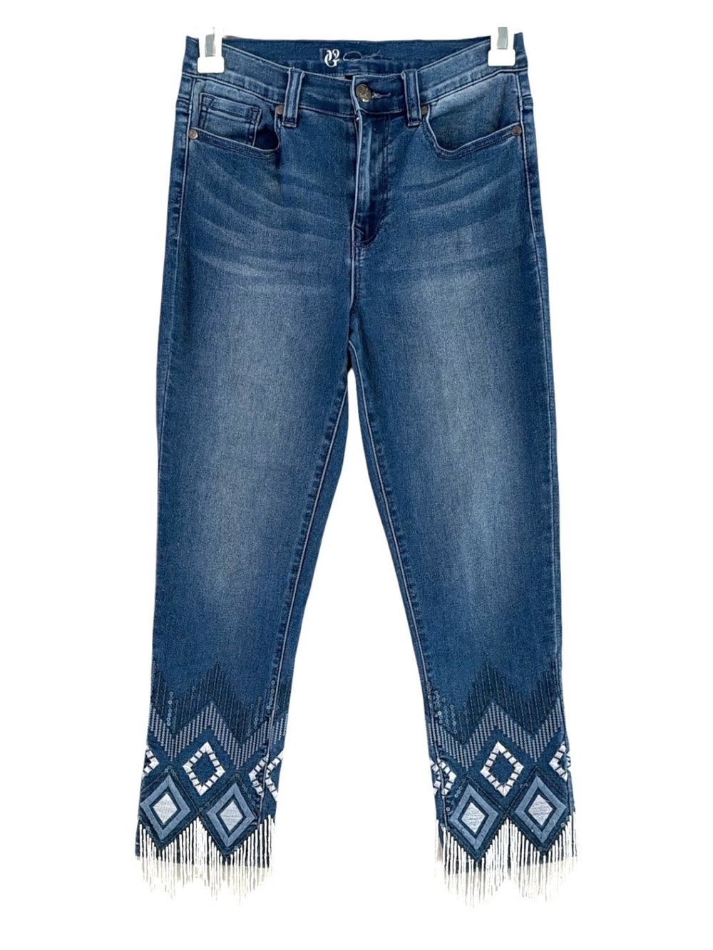 DG2 Diane Gilman Coastal Cowgirl Dark Blue Beaded Fringe Cropped Jeans Size 6